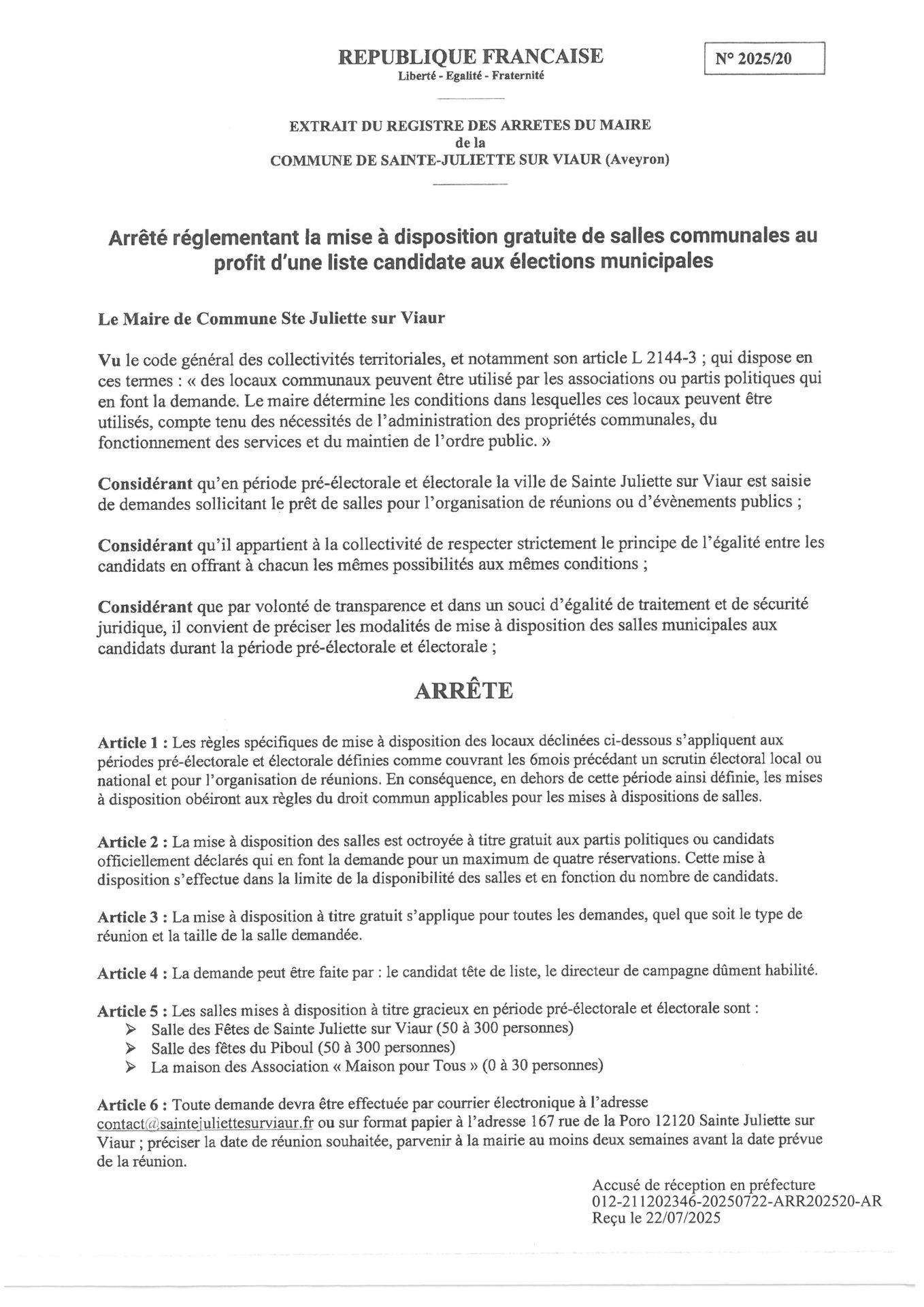 Lire la suite à propos de l’article Arrêté 2025-20 Arrêté réglementant la mise à disposition gratuite de salles communales au profit d’une liste candidate aux élections municipales